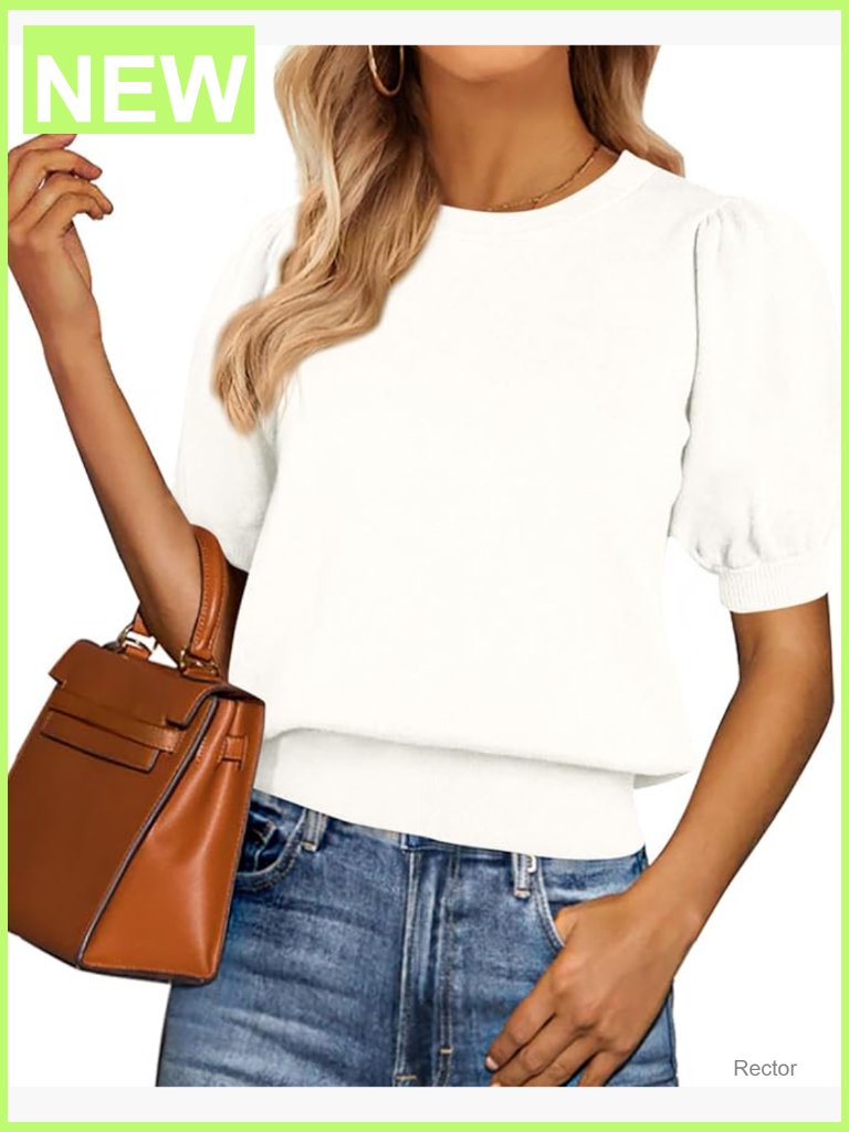 Short Sleeve Puff Knit Sweater Blouse Crewneck